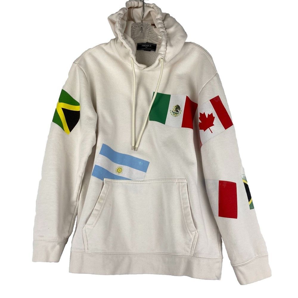 Forever 21 Men's White Hoodie With Various Flags From Around The World Size L‎